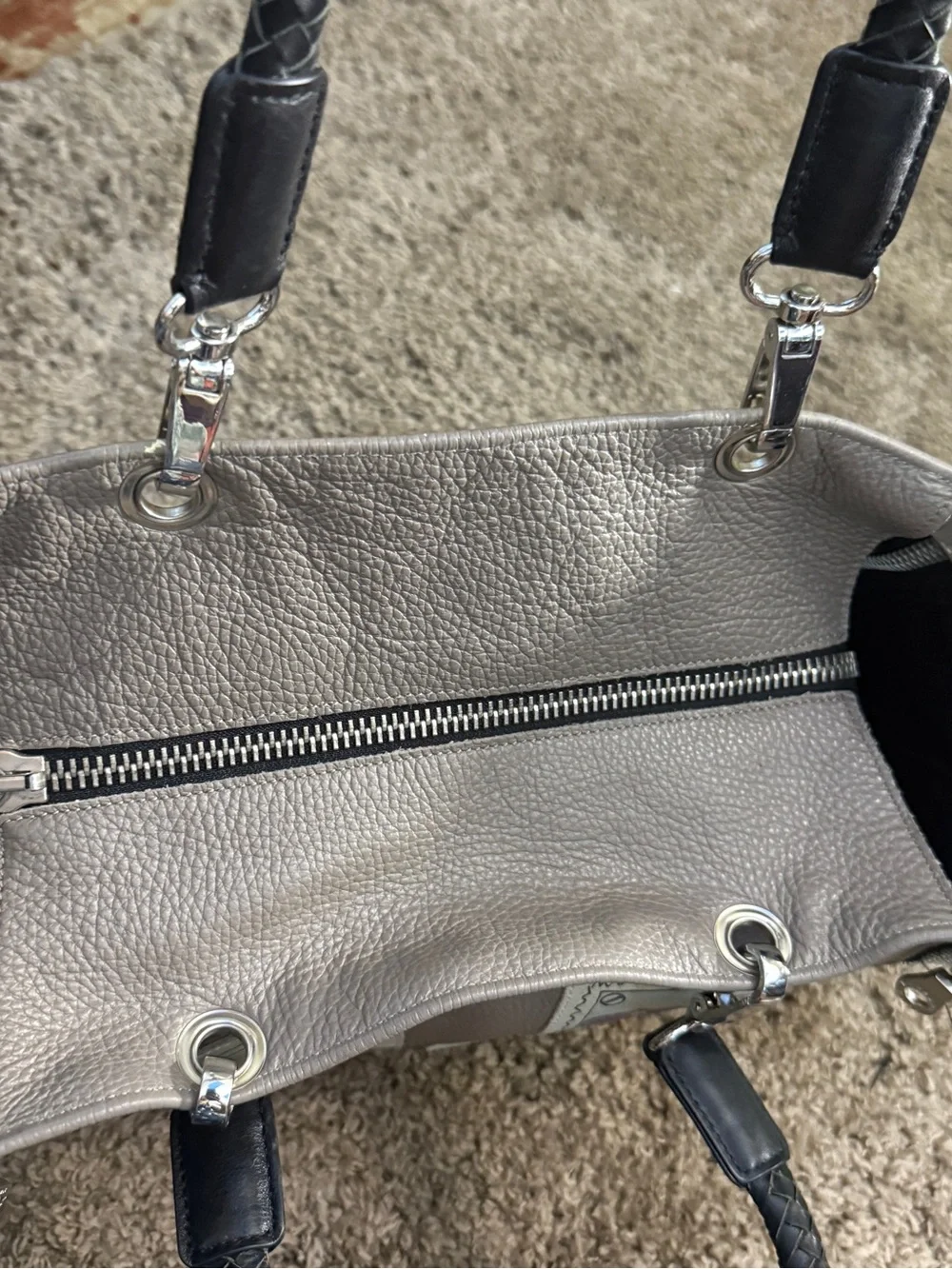 Barbara Rihl Patch-Accent Gray Tote with Braided Black Handles
